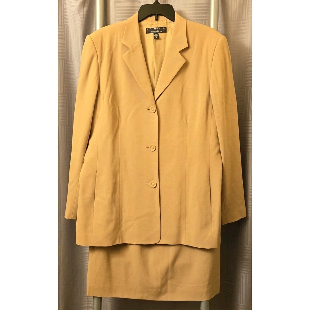 Bill Burns Signature Womens Wool 2-pc Suit Tan Blazer Skirt Size 16 USA Career